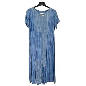 Vintage Patchwork Rayon Midi Dress Blue Floral Boho Cottagecore M